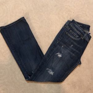 Vigoss Sz 29 bootcut jeans w/factory distressing seen on front, dark wash
